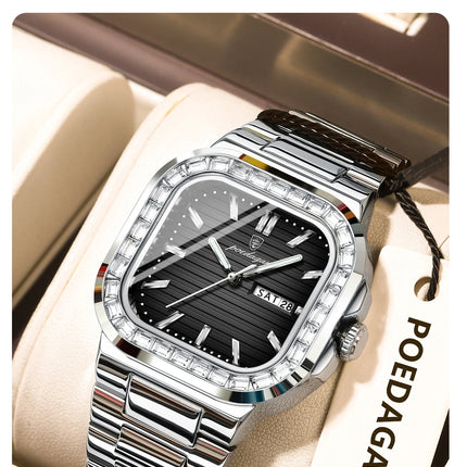 POEDAGAR Square Fashion Men's Watch Date Week Waterproof Luminous Quartz Man Watch Stainless Steel Luxury Sports Watches For Men