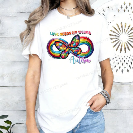 Love Needs No Words Autism Awareness T-Shirts, Infinity Butterfly Rainbow Graphic Tee, Support Neurodiversity, April Autism Gift