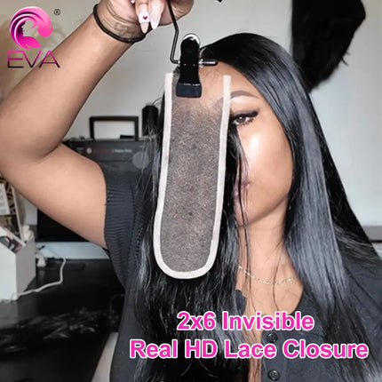 Eva Hair 2x6 Invisible HD Lace Closure Straight Human Raw Hair 6inch Deep Middle Part Kim k HD Lace Closures Melt Skin Closures