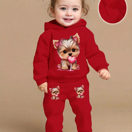 A cute dog pattern printed fleece hoodie and pants set for baby girls in autumn and winter for newborns