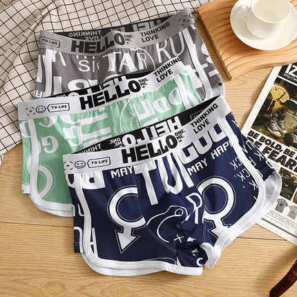 3PCS/Pack 100% Cotton Breathable Big U Crotch Mens Underwear Trendy Print Underpants High Elastic Waist Men's Panties Boxers