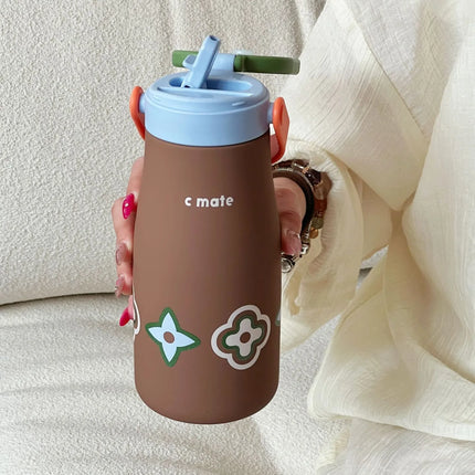 600ML Ceramic Inner Insualted Water Bottle Vaccum Thermos Bottle With Tea Infuser And Straw Portable Outdoor Thermal Tumbler