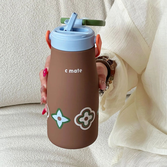 600ML Ceramic Inner Insualted Water Bottle Vaccum Thermos Bottle With Tea Infuser And Straw Portable Outdoor Thermal Tumbler