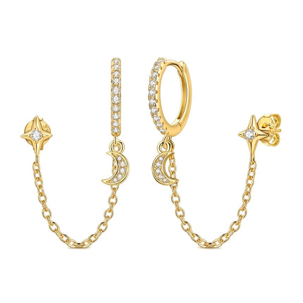 925 Sterling Silver Gold Color Star Moon Chain Stud Earrings for Women Girl Ear Studs Fine Jewelry Fashion Luxury Anniversary