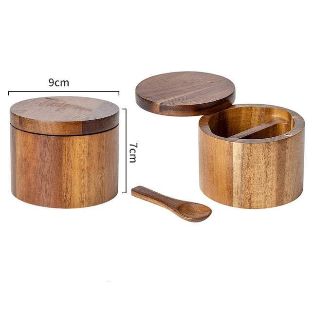 Acacia Wood Salt and Pepper Bowl Box with Lid and Spoon Acacia Salt Cellar with 360° Swivel Lid Spice Seasoning Container JT509