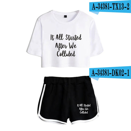 Youthful Black White After We Collided Girl Dew navel Two Piece Set Sexy Short Sleeve Crop T-shirts+Shorts Pants Tracksuit