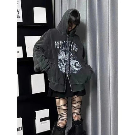 Korean Fashion Sweatshirts Harajuku Gothic Printed Coats Jackets Subculture Vintage Faux Fur Hooded Women Casual Y2k Clothing