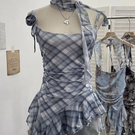Women's Vintage Tie-dye Printed Mesh Spaghetti Strap Camisole Hot Girl Irregular Ruffled Ribbon Sleeveless Top Partyclub 1185