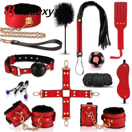 Erotic Bed Bondage Kits Slave Restraint Bondage SM Set Genuine leather Collar Mouth Gag Whips Handcuffs Adult Sex Toy For Couple