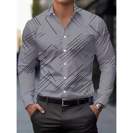 Men's Long Sleeve Geometric Line Print Dress Shirt Slim Fit Formal Casual Button Down Business Top Camisa Masculina De Negócios