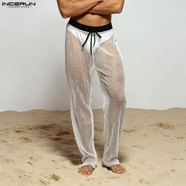 INCERUN Men's Pants Mesh Patchwork Joggers Drawstring Casual Trousers For Man Streetwear See Through Sexy 2026 Casual Male Pants