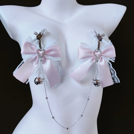 Women Butterfly Knot Bell Nipple Clip Cute Clamp Pink Collar with Traction Sexy Accessory Chest Chain Restraint Adult Sex Toys