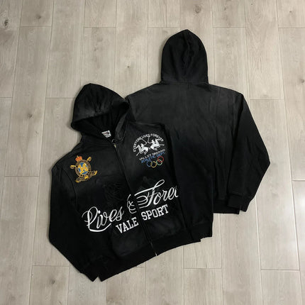 Streetwear Shinning Diamond Zipper Terry Hooded Hoodie for Men Oversized Graffiti Flame Cardigan Rhinestone Sweatshirt Jacket