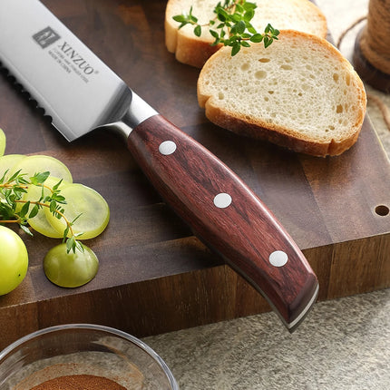 XINZUO 8.2 Inches Bread Knife High Hardness Steel 3 Layers Composite Steel Hardness 60±1HRC Wooden Handle Cut Bread Cake