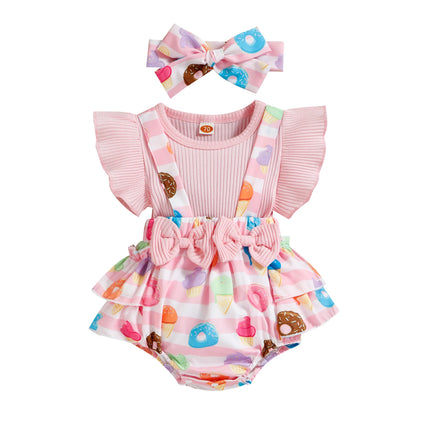 ma&baby 0-18M Baby Girl Romper Newborn Toddler Infant Jumpsuit Floral Doughnut Print Overalls Headband Summer Outfits Clothing