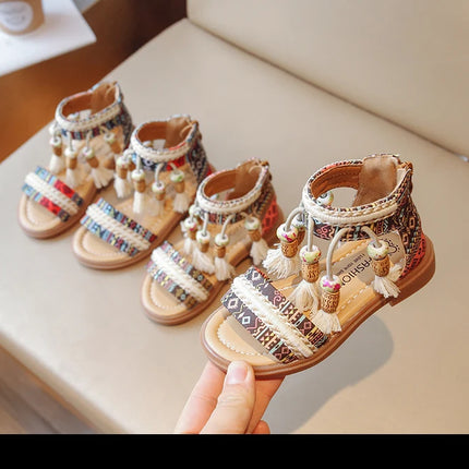 Girls Sandals Ethnic Retro Children Fashion Casual Shoes Tassels 2024 Back Zipper Summer New Sandals Kids Pattern GLADIATOR Cute