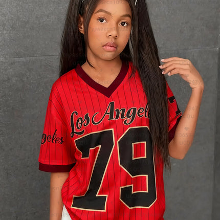Girls Casual Sports Style Los Angeles NO.79 Print Short Sleeve V-Neck Women's Children Men's T-shirt Tops