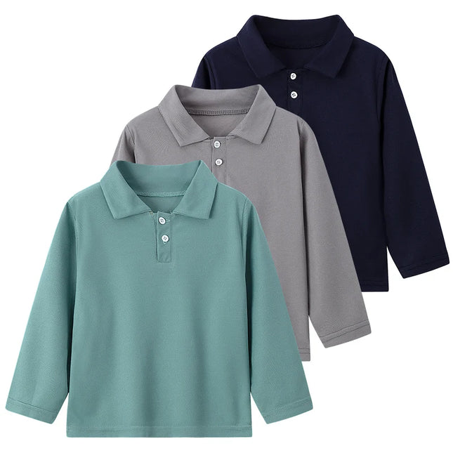 2025 New 3-Piece Children's Pure Color Simple Fashion Polo Shirt Boy Casual Joker Long-sleeved Shirt Brother Brother parent-chil