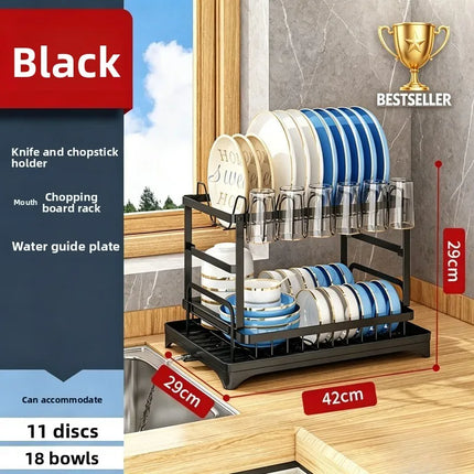 Double-layer large-capacity dish drain rack | With water guide tray, rust-resistant and durable, kitchen countertop storage rack