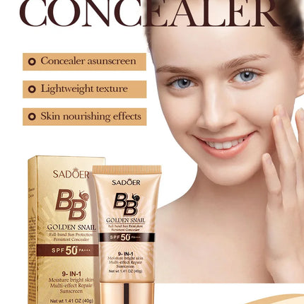 SPF50+ Gold Snail Sunscreen BB Cream Whitening Foundation Concealer Moisturizing Long Lasting Even Skin Tone Makeup Base Primer