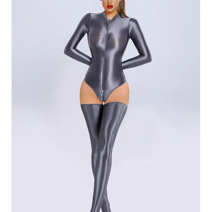 New Glossy Shiny Long Sleeve Swimsuit Zipper Crotch Bodysuit Tights Body Teddies Sukumizu High Elastic Leotard Unitard Tshirt