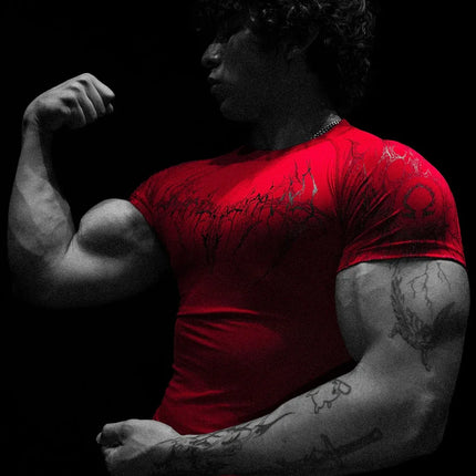 GYM T-shirt Men's Dark Gothic Print Muscle Tee  High Elasticity And Quick Drying Exercise For Bodybuilding Training 2025 Summer