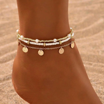 Gold Plated Boho Bead Adjustable Anklet, Hawaiian Beach Seashell Pearl Foot Jewelry Gifts Shell Ankle Bracelet Set for Women