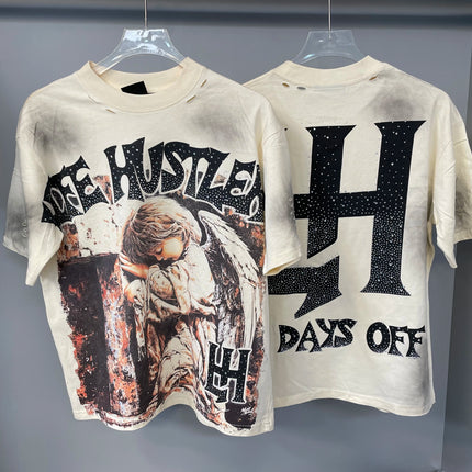 New fashion brand LIFE HUSTLERS Y2K hot stamping hole Men Women T-shirt Streetwear 100% Cotton Loose Round Neck Top Tees