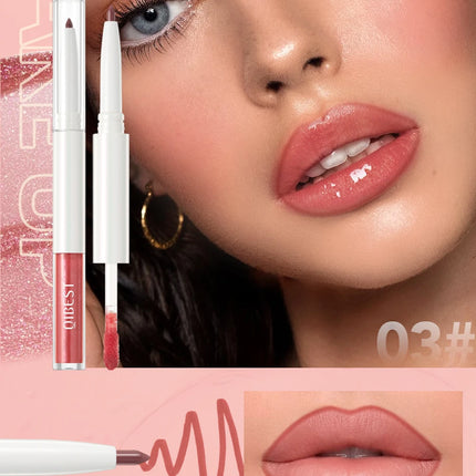 Double Head Mirror Lip Glaze 2 in 1 Lipliner Pen Water Light Lip Gloss Makeup Set Matte Velvet Lip Liner Pencil Contour Cosmetic