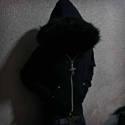 Plush collar rhinestone cardigan zipper hooded sweatshirt rhinestone dark style y2k trendy street women's hoodie