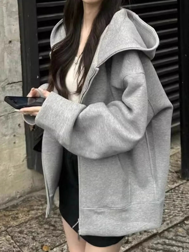 Korean Style Women's Hoodie Fleece Lined Zipper Jacket Loose Fit Long Sleeve Casual Comfortable Breathable Autumn Winter Coat