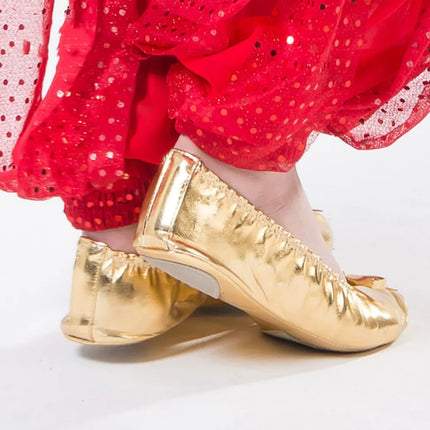Comfortable Bowknot Belly Dancing Shoes Leather Golden Indian Dance Shoes Foldable Round Toe Foldable Ballet Flats Ladies
