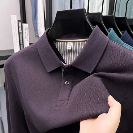 Men's casual long-sleeved pure cotton Polo shirt, new style for autumn, loose fit, pure color, classic, lapel Polo shirt
