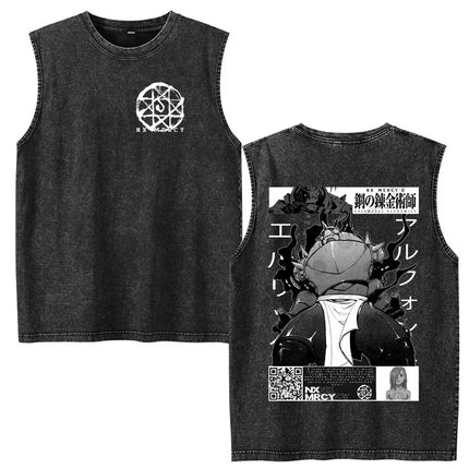 Anime Fullmetal Alchemist Vintage Washed Tank Tops Funny Manga Brotherhood Eyes T-shirts Fashion Casual Sleeveless Vest T-shirts