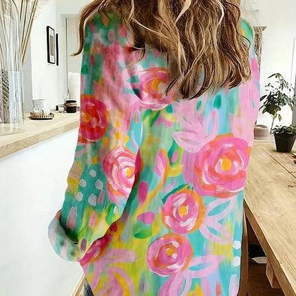 Plus Size 2025 New Women's Crushed Flower Printed Button Casual Shirt Trendy Fashion Polyester Best Choice for Spring and Summer
