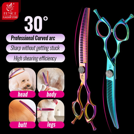 Fenice Grooming Scissors Diamond Screw 7.25 Inch Professional Curved Chunker Scissors Thinner Shears for Pet Groomers Tesoura