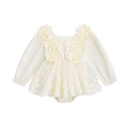 0-24M Infant Baby Girls Princess Romper Dress Cute Autumn 3D Lace Flowers Mesh Patchwork Long Sleeve A-Line Dress for Toddler