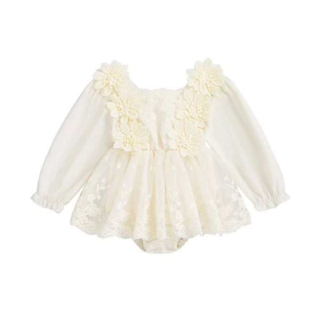 0-24M Infant Baby Girls Princess Romper Dress Cute Autumn 3D Lace Flowers Mesh Patchwork Long Sleeve A-Line Dress for Toddler