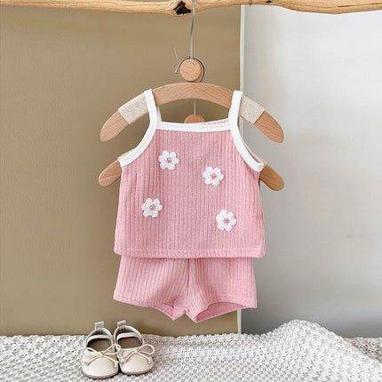 2Pcs/set Summer New Baby Girls Clothing Casual Newborn Set Pink Towel Embroidery Cute Vest-type T-shirt+Shorts Baby Set