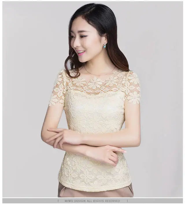 Plus Size Women Lace Blouse Shirt Casual Solid Hollow Women Clothing Top