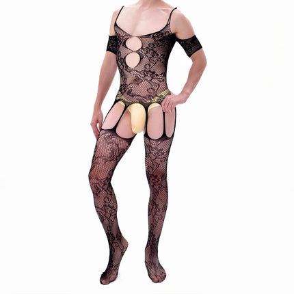 CLEVER-MENMODE Crotchless Pantyhose Men Bodysuit Sexy Fishnet Lingerie Lace Mesh Jumpsuit Stockings Garter Belt Sissy Nightwear