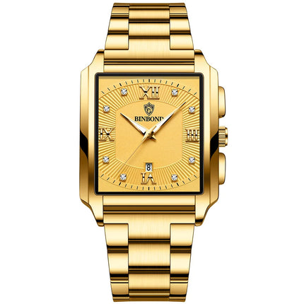 BINBOND Luxury Quartz Watch for Men Golden Square Large Dial 30M Waterproof Leather Strap Wrist Watches Date Display Men's Watch