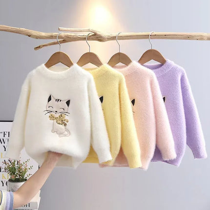 Princess Girl's Sweater Thickened Autumn Winter New Fashionable Cartoon Cat Children's Knitted Sweaters Little Girl Tops IY07231