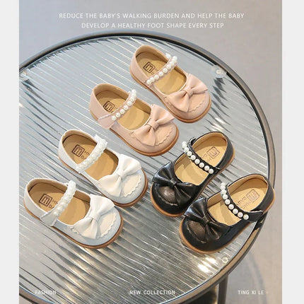 Toddlers Girls Leather Shoes Little Kids Casual Flats Princess Sweet with Pearls Beading Bow-knot 2024 Dress Party Shoes Soft