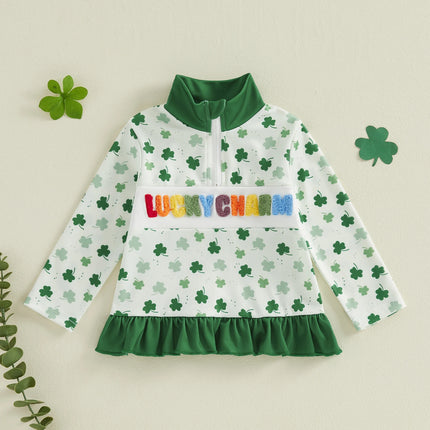 Kids Girls T-shirt Long Sleeve Stand Neck Clover Print Fall Tops Clothes for Irish Holiday