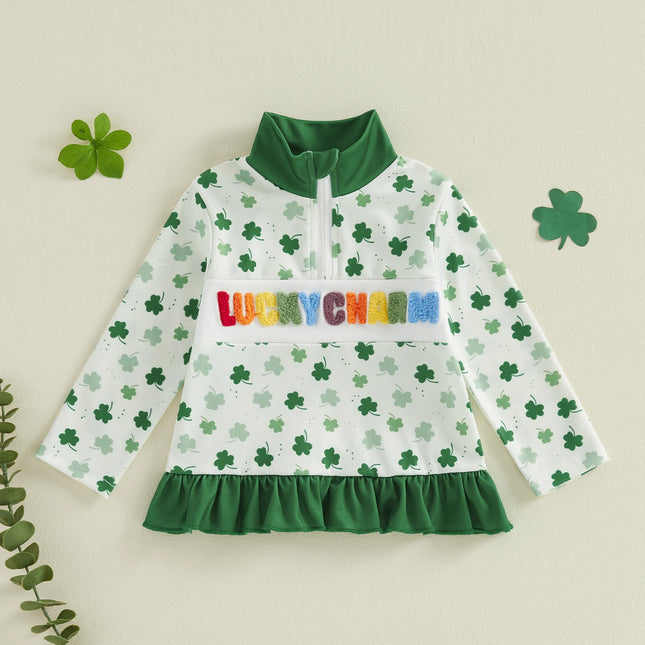 Kids Girls T-shirt Long Sleeve Stand Neck Clover Print Fall Tops Clothes for Irish Holiday