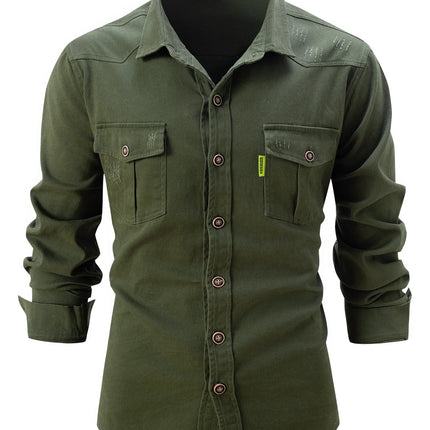 Fashion Men's Business Casual Long Sleeve Shirt with Double Pockets Turn-down Collar Office Work Wear Outdoor Utility Clothing