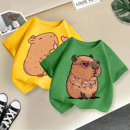 2025 Summer New Cute Animal Kapibala Fashion Printed Children's T-shirt Short Sleeve Fashion Pure Cotton Children's Clothing