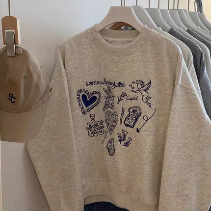 Korean Style Long Sleeve round Neck Fleece Lined Embroidered Sweatshirt Women's Fashionable Casual Crew Neck Pullover Top