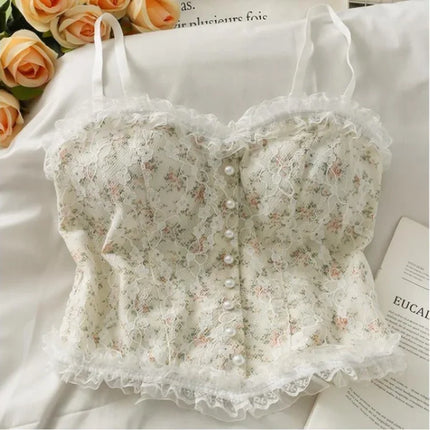 Sexy Tank Top Floral Lace Camisole Sweet Sleeveless Camis France Lace Tops Pearl Button Decorations Fashion Women Camis